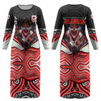St George Illawarra Dragons Couples Matching Long Sleeve Bodycon Dress and Hawaiian Shirt The Scream of Lightning Eyes - Indigenous Dot Ripping Effect