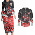 St George Illawarra Dragons Couples Matching Long Sleeve Bodycon Dress and Long Sleeve Button Shirt The Scream of Lightning Eyes - Indigenous Dot Ripping Effect
