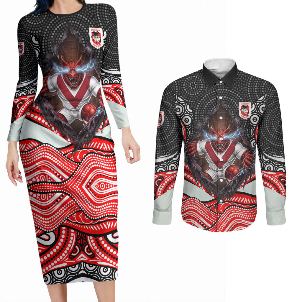 St George Illawarra Dragons Couples Matching Long Sleeve Bodycon Dress and Long Sleeve Button Shirt The Scream of Lightning Eyes - Indigenous Dot Ripping Effect