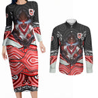 St George Illawarra Dragons Couples Matching Long Sleeve Bodycon Dress and Long Sleeve Button Shirt The Scream of Lightning Eyes - Indigenous Dot Ripping Effect