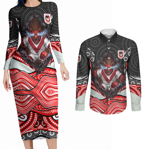 St George Illawarra Dragons Couples Matching Long Sleeve Bodycon Dress and Long Sleeve Button Shirt The Scream of Lightning Eyes - Indigenous Dot Ripping Effect