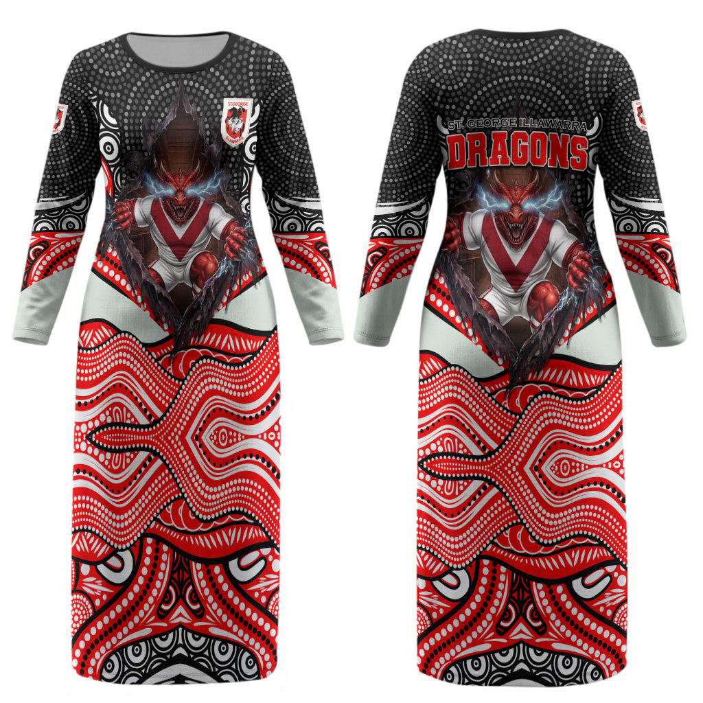 St George Illawarra Dragons Couples Matching Long Sleeve Bodycon Dress and Long Sleeve Button Shirt The Scream of Lightning Eyes - Indigenous Dot Ripping Effect