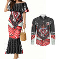 St George Illawarra Dragons Couples Matching Mermaid Dress and Long Sleeve Button Shirt The Scream of Lightning Eyes - Indigenous Dot Ripping Effect