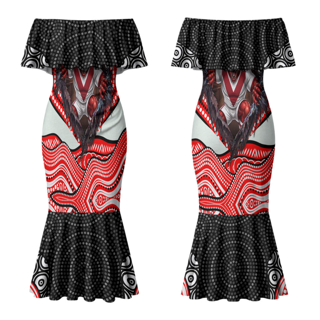 St George Illawarra Dragons Couples Matching Mermaid Dress and Long Sleeve Button Shirt The Scream of Lightning Eyes - Indigenous Dot Ripping Effect