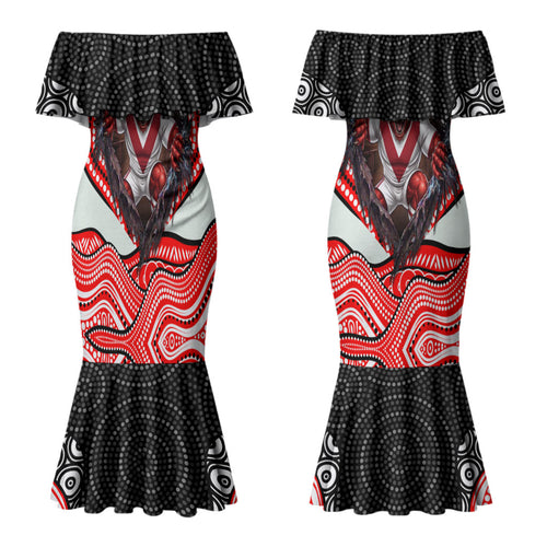 St George Illawarra Dragons Couples Matching Mermaid Dress and Long Sleeve Button Shirt The Scream of Lightning Eyes - Indigenous Dot Ripping Effect