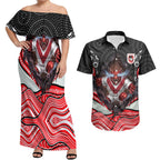 St George Illawarra Dragons Couples Matching Off Shoulder Maxi Dress and Hawaiian Shirt The Scream of Lightning Eyes - Indigenous Dot Ripping Effect