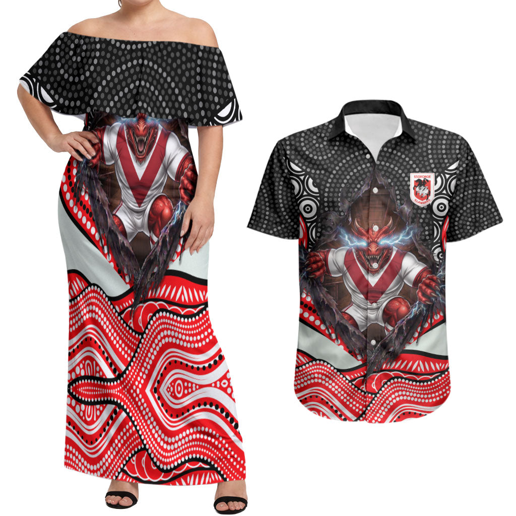 St George Illawarra Dragons Couples Matching Off Shoulder Maxi Dress and Hawaiian Shirt The Scream of Lightning Eyes - Indigenous Dot Ripping Effect
