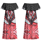 St George Illawarra Dragons Couples Matching Off Shoulder Maxi Dress and Hawaiian Shirt The Scream of Lightning Eyes - Indigenous Dot Ripping Effect
