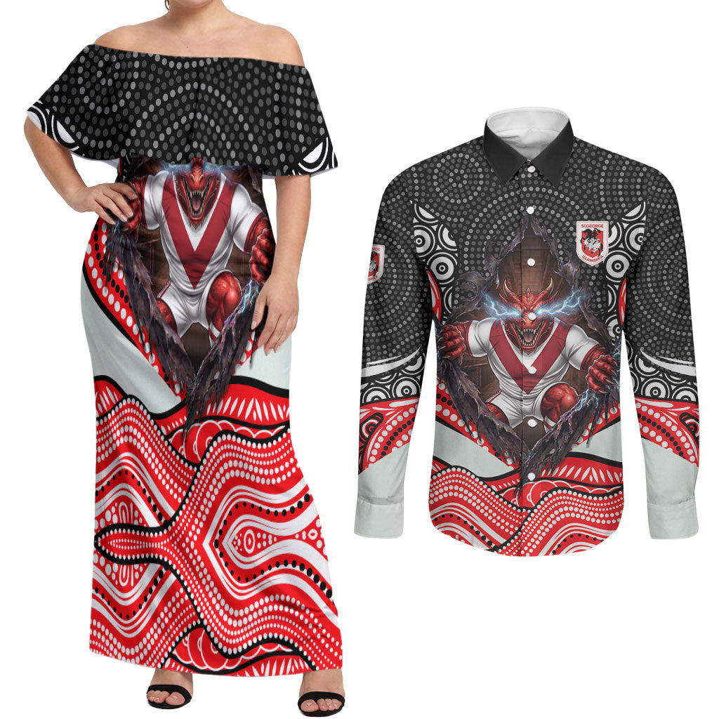 St George Illawarra Dragons Couples Matching Off Shoulder Maxi Dress and Long Sleeve Button Shirt The Scream of Lightning Eyes - Indigenous Dot Ripping Effect