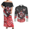 St George Illawarra Dragons Couples Matching Off Shoulder Maxi Dress and Long Sleeve Button Shirt The Scream of Lightning Eyes - Indigenous Dot Ripping Effect