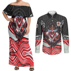 St George Illawarra Dragons Couples Matching Off Shoulder Maxi Dress and Long Sleeve Button Shirt The Scream of Lightning Eyes - Indigenous Dot Ripping Effect