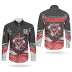 St George Illawarra Dragons Couples Matching Off Shoulder Maxi Dress and Long Sleeve Button Shirt The Scream of Lightning Eyes - Indigenous Dot Ripping Effect