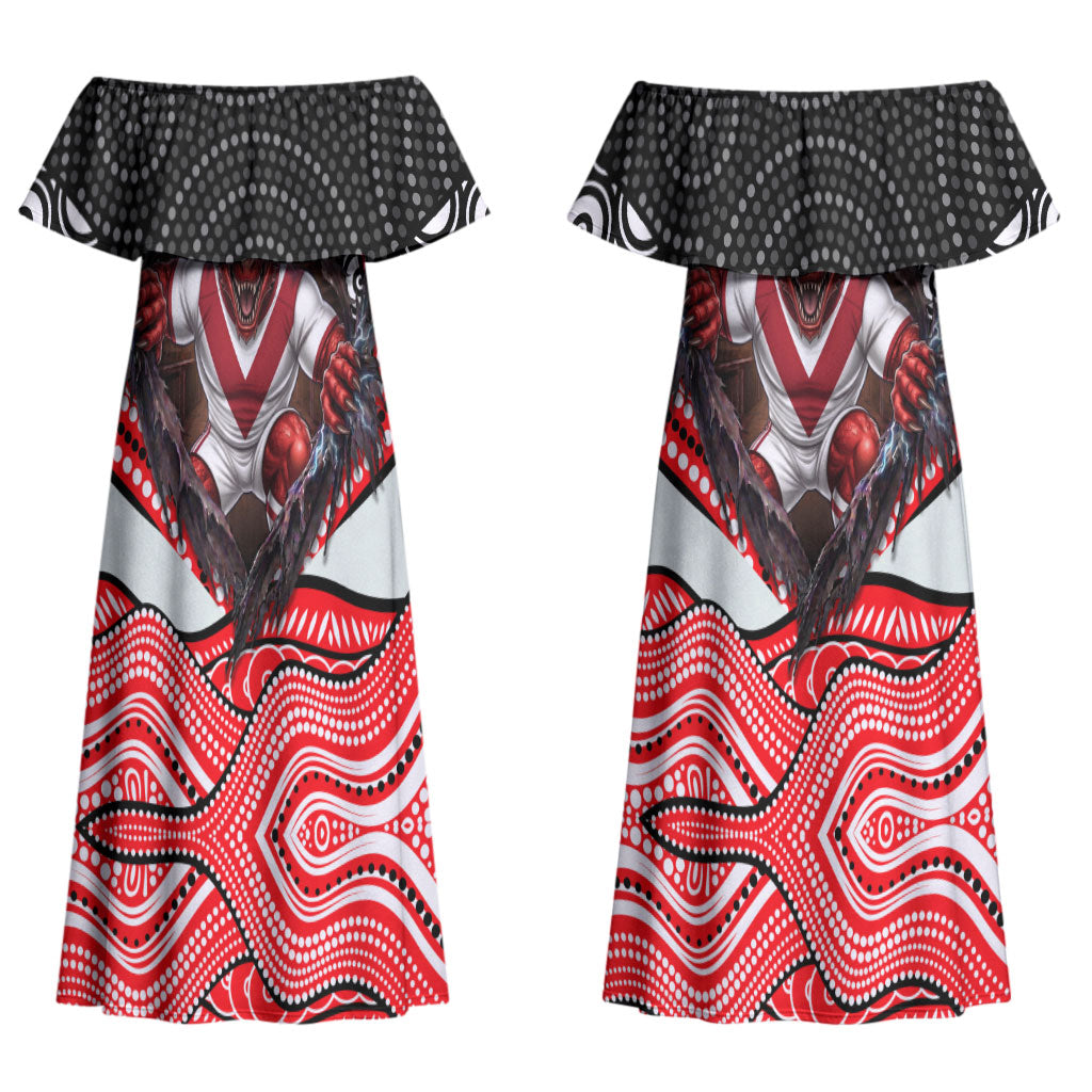 St George Illawarra Dragons Couples Matching Off Shoulder Maxi Dress and Long Sleeve Button Shirt The Scream of Lightning Eyes - Indigenous Dot Ripping Effect
