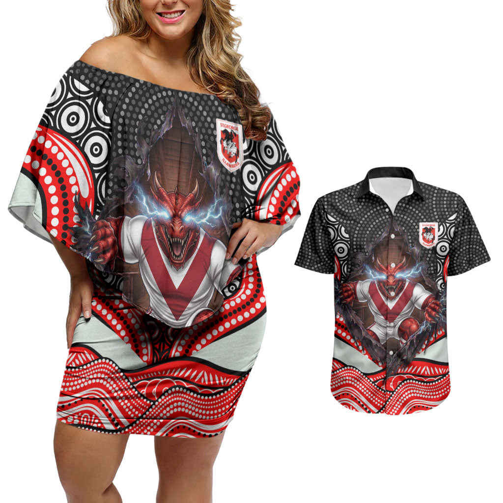 St George Illawarra Dragons Couples Matching Off Shoulder Short Dress and Hawaiian Shirt The Scream of Lightning Eyes - Indigenous Dot Ripping Effect