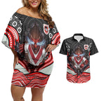 St George Illawarra Dragons Couples Matching Off Shoulder Short Dress and Hawaiian Shirt The Scream of Lightning Eyes - Indigenous Dot Ripping Effect