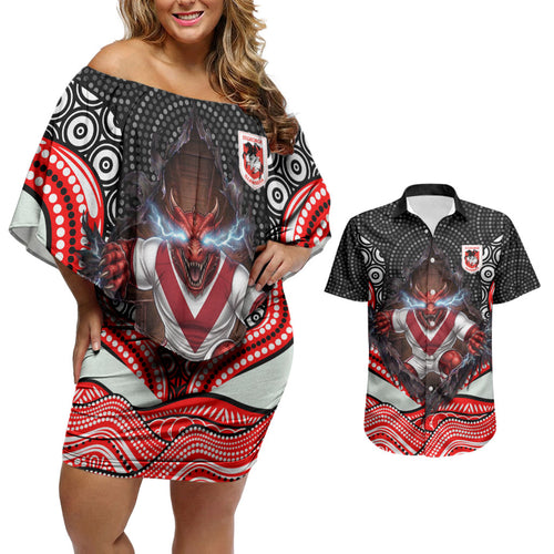 St George Illawarra Dragons Couples Matching Off Shoulder Short Dress and Hawaiian Shirt The Scream of Lightning Eyes - Indigenous Dot Ripping Effect