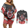 St George Illawarra Dragons Couples Matching Off Shoulder Short Dress and Long Sleeve Button Shirt The Scream of Lightning Eyes - Indigenous Dot Ripping Effect