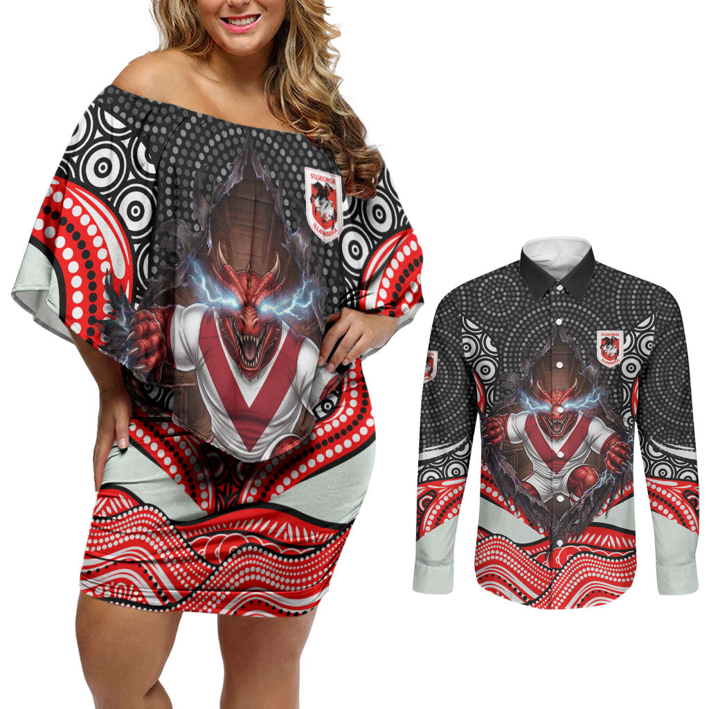 St George Illawarra Dragons Couples Matching Off Shoulder Short Dress and Long Sleeve Button Shirt The Scream of Lightning Eyes - Indigenous Dot Ripping Effect