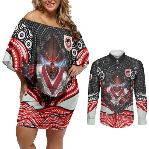 St George Illawarra Dragons Couples Matching Off Shoulder Short Dress and Long Sleeve Button Shirt The Scream of Lightning Eyes - Indigenous Dot Ripping Effect