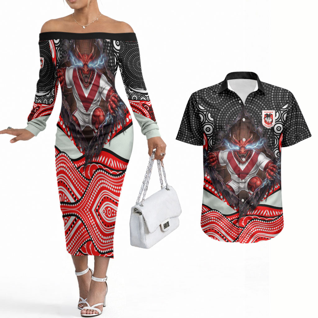 St George Illawarra Dragons Couples Matching Off The Shoulder Long Sleeve Dress and Hawaiian Shirt The Scream of Lightning Eyes - Indigenous Dot Ripping Effect