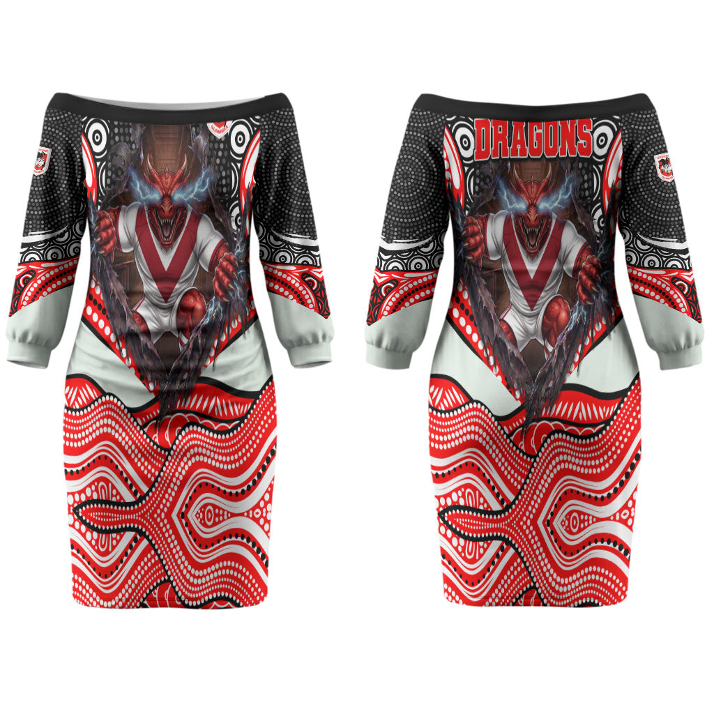 St George Illawarra Dragons Couples Matching Off The Shoulder Long Sleeve Dress and Hawaiian Shirt The Scream of Lightning Eyes - Indigenous Dot Ripping Effect