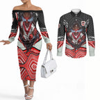 St George Illawarra Dragons Couples Matching Off The Shoulder Long Sleeve Dress and Long Sleeve Button Shirt The Scream of Lightning Eyes - Indigenous Dot Ripping Effect