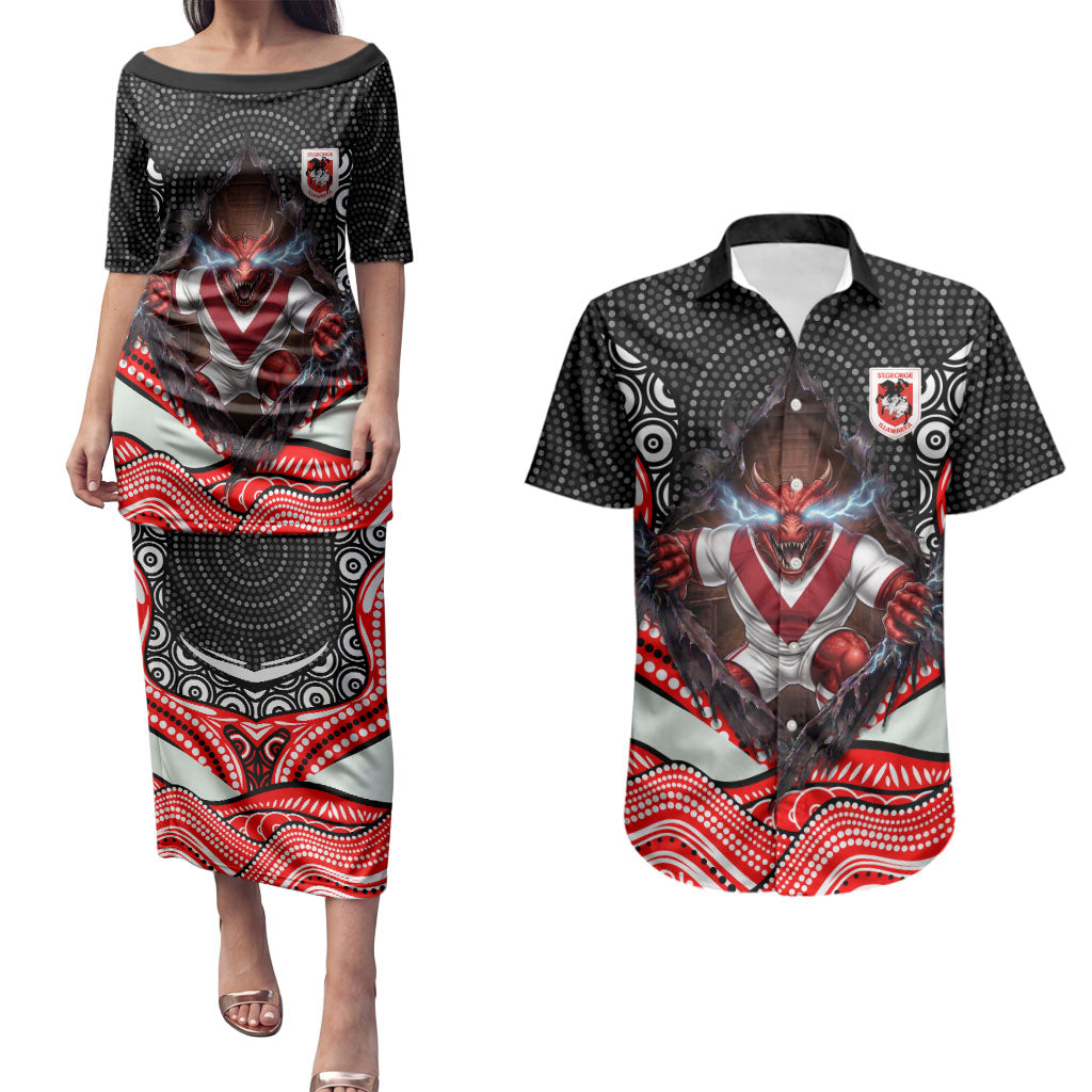 St George Illawarra Dragons Couples Matching Puletasi and Hawaiian Shirt The Scream of Lightning Eyes - Indigenous Dot Ripping Effect