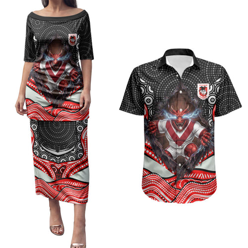 St George Illawarra Dragons Couples Matching Puletasi and Hawaiian Shirt The Scream of Lightning Eyes - Indigenous Dot Ripping Effect