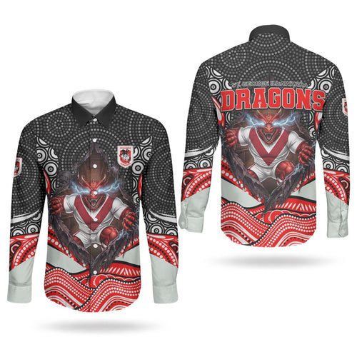 St George Illawarra Dragons Couples Matching Puletasi and Long Sleeve Button Shirt The Scream of Lightning Eyes - Indigenous Dot Ripping Effect