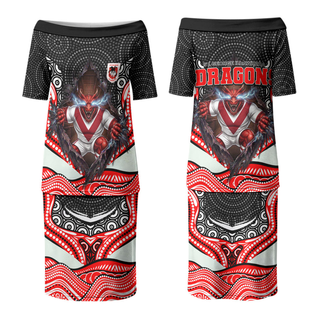 St George Illawarra Dragons Couples Matching Puletasi and Long Sleeve Button Shirt The Scream of Lightning Eyes - Indigenous Dot Ripping Effect