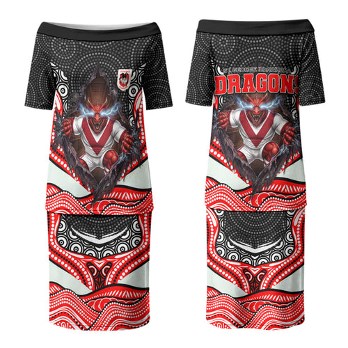 St George Illawarra Dragons Couples Matching Puletasi and Long Sleeve Button Shirt The Scream of Lightning Eyes - Indigenous Dot Ripping Effect