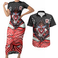 St George Illawarra Dragons Couples Matching Short Sleeve Bodycon Dress and Hawaiian Shirt The Scream of Lightning Eyes - Indigenous Dot Ripping Effect
