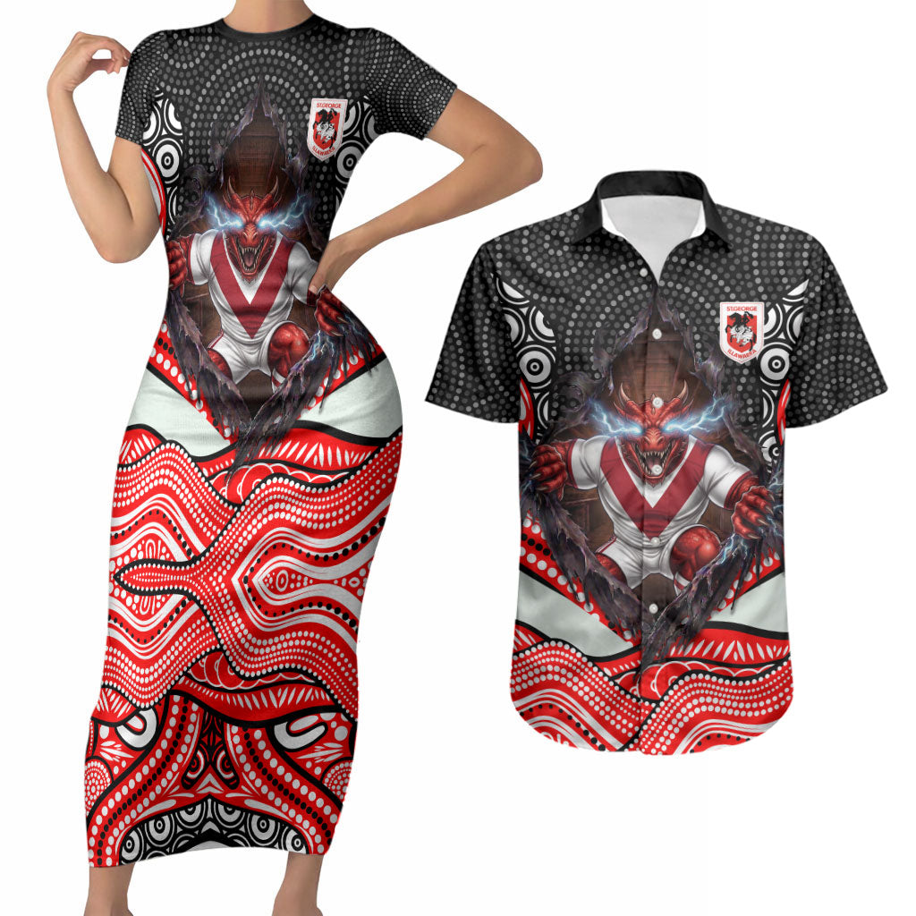 St George Illawarra Dragons Couples Matching Short Sleeve Bodycon Dress and Hawaiian Shirt The Scream of Lightning Eyes - Indigenous Dot Ripping Effect
