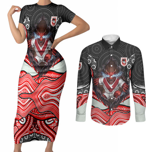 St George Illawarra Dragons Couples Matching Short Sleeve Bodycon Dress and Long Sleeve Button Shirt The Scream of Lightning Eyes - Indigenous Dot Ripping Effect