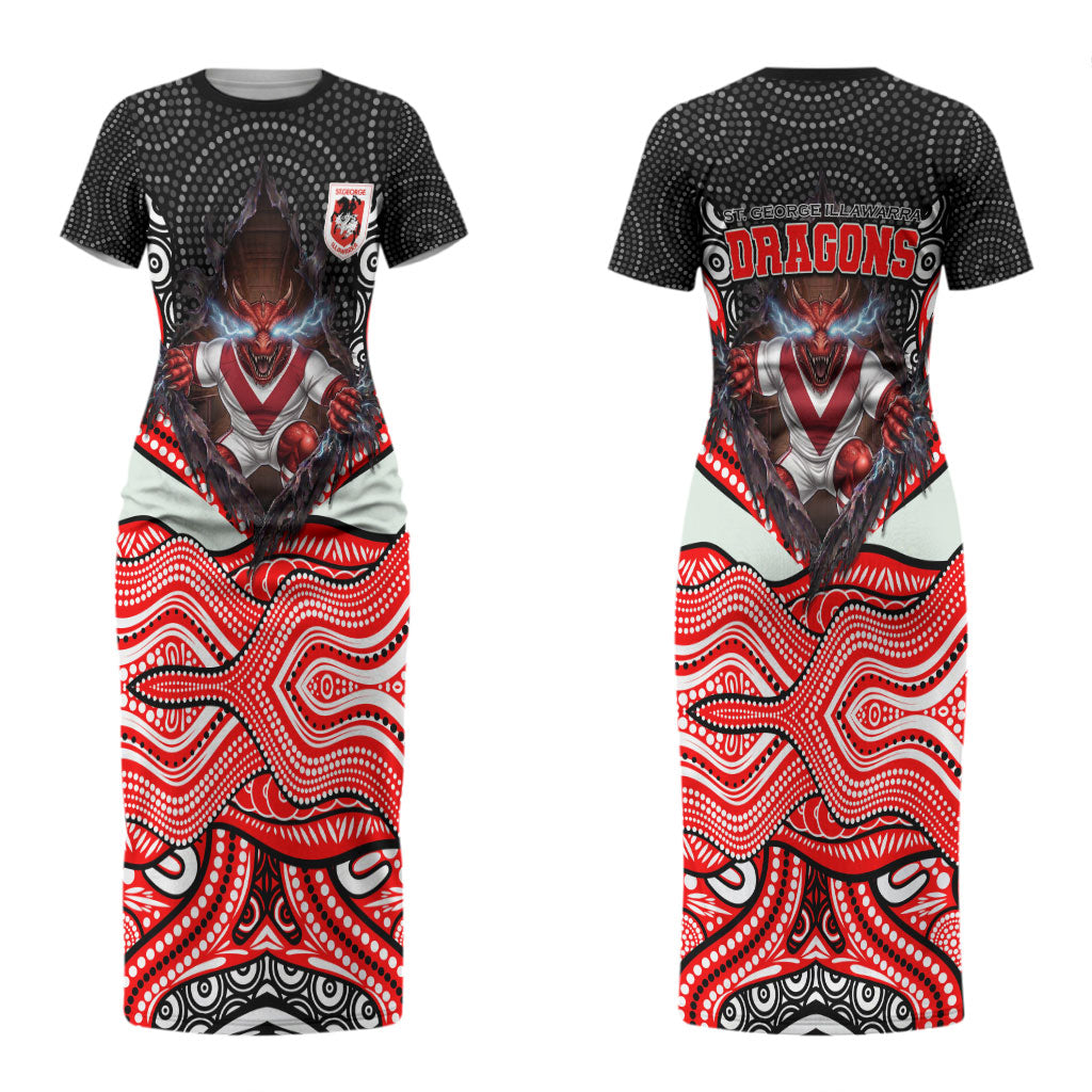 St George Illawarra Dragons Couples Matching Short Sleeve Bodycon Dress and Long Sleeve Button Shirt The Scream of Lightning Eyes - Indigenous Dot Ripping Effect