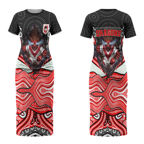 St George Illawarra Dragons Couples Matching Short Sleeve Bodycon Dress and Long Sleeve Button Shirt The Scream of Lightning Eyes - Indigenous Dot Ripping Effect
