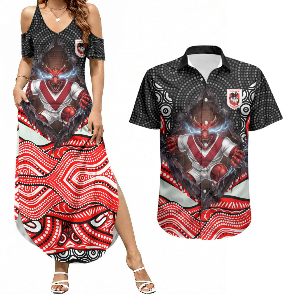 St George Illawarra Dragons Couples Matching Summer Maxi Dress and Hawaiian Shirt The Scream of Lightning Eyes - Indigenous Dot Ripping Effect