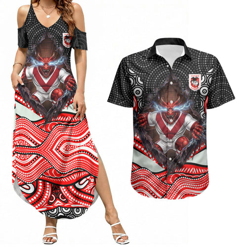 St George Illawarra Dragons Couples Matching Summer Maxi Dress and Hawaiian Shirt The Scream of Lightning Eyes - Indigenous Dot Ripping Effect