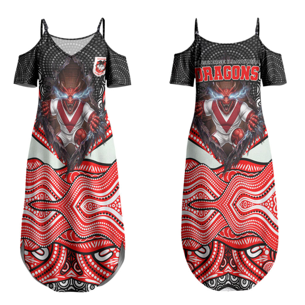 St George Illawarra Dragons Couples Matching Summer Maxi Dress and Hawaiian Shirt The Scream of Lightning Eyes - Indigenous Dot Ripping Effect