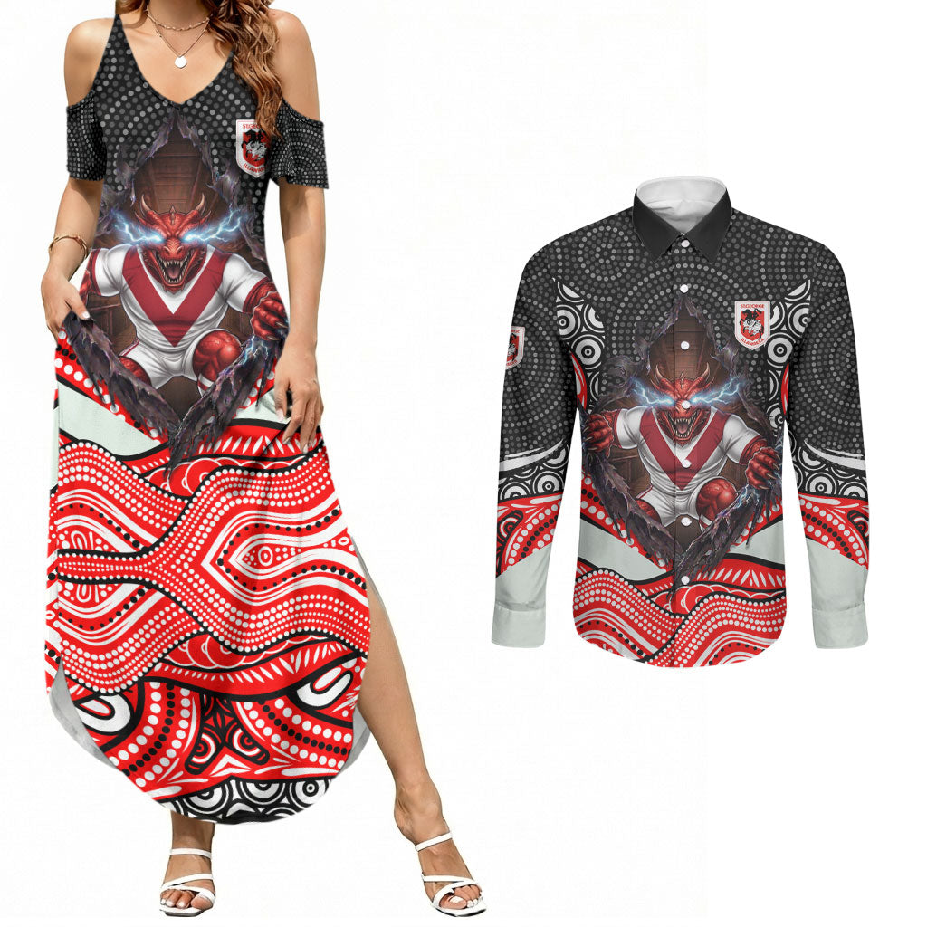 St George Illawarra Dragons Couples Matching Summer Maxi Dress and Long Sleeve Button Shirt The Scream of Lightning Eyes - Indigenous Dot Ripping Effect