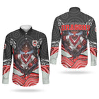 St George Illawarra Dragons Couples Matching Summer Maxi Dress and Long Sleeve Button Shirt The Scream of Lightning Eyes - Indigenous Dot Ripping Effect