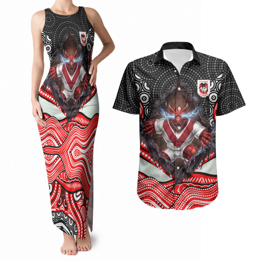St George Illawarra Dragons Couples Matching Tank Maxi Dress and Hawaiian Shirt The Scream of Lightning Eyes - Indigenous Dot Ripping Effect