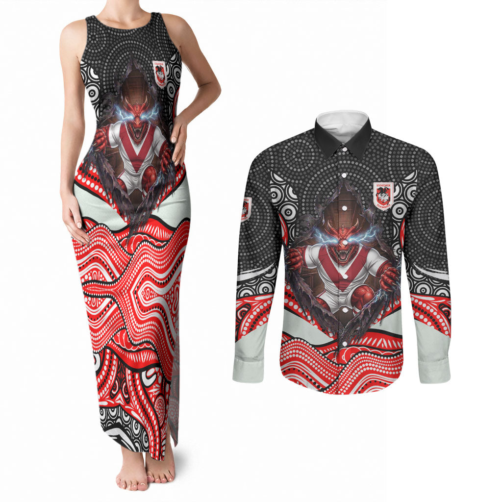 St George Illawarra Dragons Couples Matching Tank Maxi Dress and Long Sleeve Button Shirt The Scream of Lightning Eyes - Indigenous Dot Ripping Effect