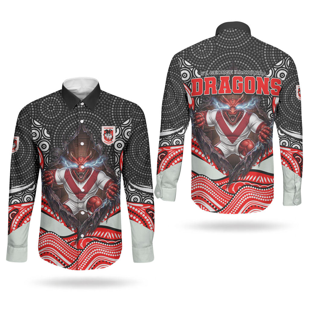 St George Illawarra Dragons Couples Matching Tank Maxi Dress and Long Sleeve Button Shirt The Scream of Lightning Eyes - Indigenous Dot Ripping Effect