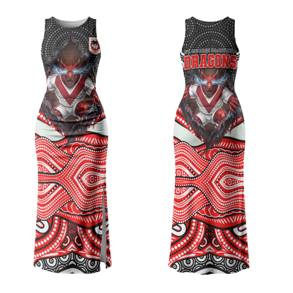 St George Illawarra Dragons Couples Matching Tank Maxi Dress and Long Sleeve Button Shirt The Scream of Lightning Eyes - Indigenous Dot Ripping Effect