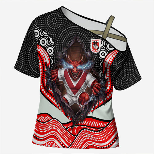 St George Illawarra Dragons Cross Shoulder Shirt The Scream of Lightning Eyes - Indigenous Dot Ripping Effect