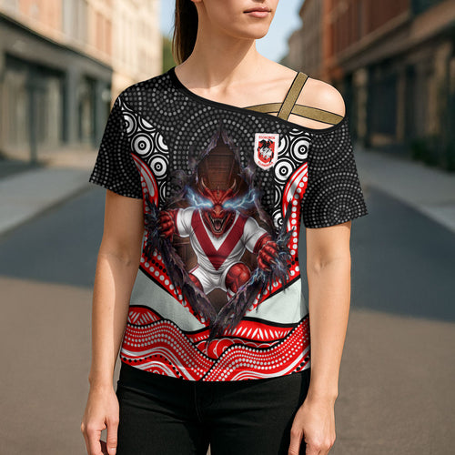 St George Illawarra Dragons Cross Shoulder Shirt The Scream of Lightning Eyes - Indigenous Dot Ripping Effect