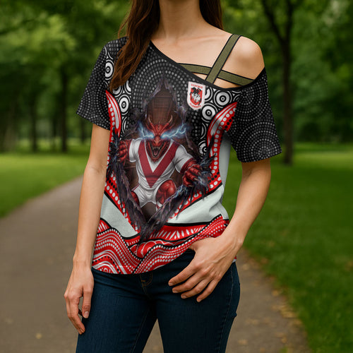 St George Illawarra Dragons Cross Shoulder Shirt The Scream of Lightning Eyes - Indigenous Dot Ripping Effect