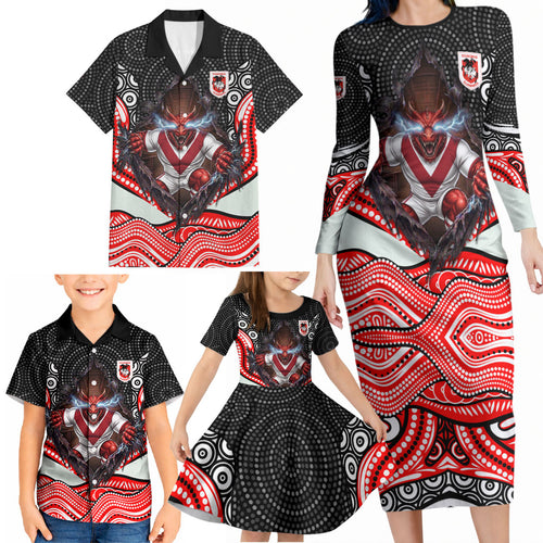 St George Illawarra Dragons Family Matching Long Sleeve Bodycon Dress and Hawaiian Shirt The Scream of Lightning Eyes - Indigenous Dot Ripping Effect