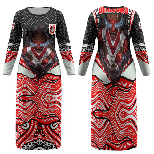St George Illawarra Dragons Family Matching Long Sleeve Bodycon Dress and Hawaiian Shirt The Scream of Lightning Eyes - Indigenous Dot Ripping Effect